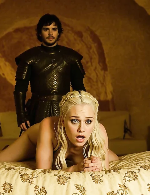 Nude AI-Generated Game of Thrones Characters: The Mother of Dragons and Jon Snow in a Dramatic Medieval Castle Setting